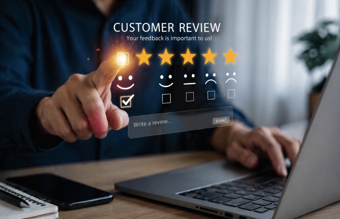 person checking online reviews and ratings on digital device