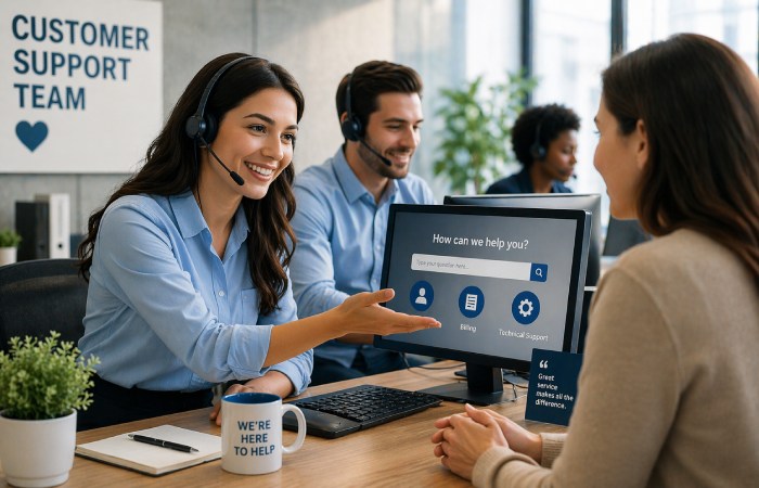 customer support team assisting client with positive interaction