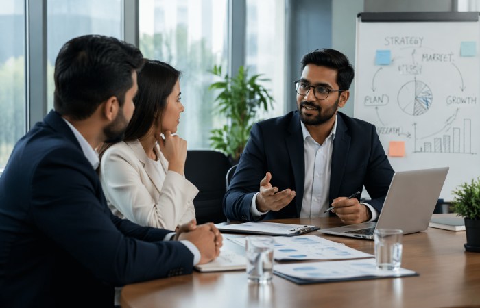 usiness team discussing with client in professional meeting environment