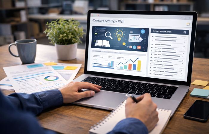 marketer planning blog content strategy and SEO research on laptop with notes and analytics