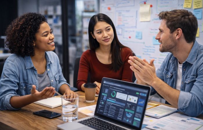 business team discussing customer relationship management and client experience strategy