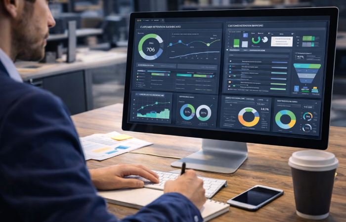 analyst reviewing customer retention rate metrics and business analytics dashboard