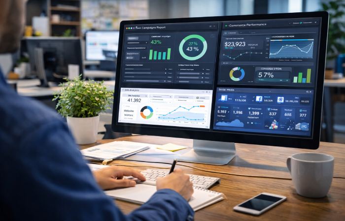 marketing dashboard showing email marketing ecommerce analytics and social media campaign metrics
