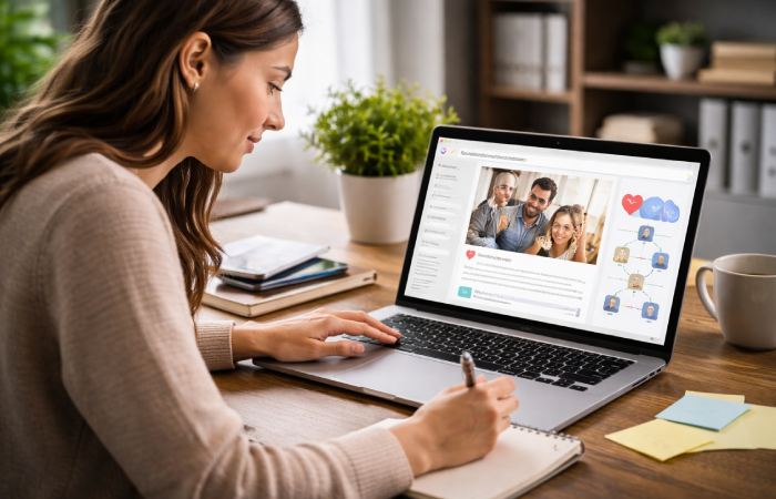 marketing professional creating people-focused brand messaging on laptop during remote work