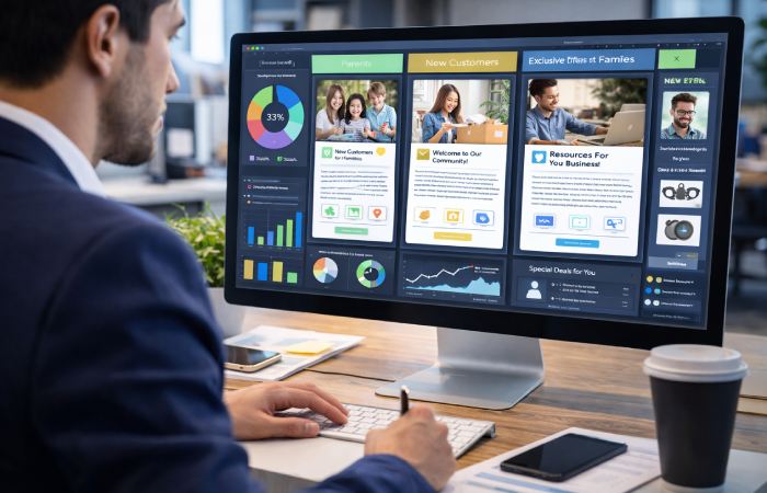 marketing professional reviewing personalized email and customer segmentation data on computer