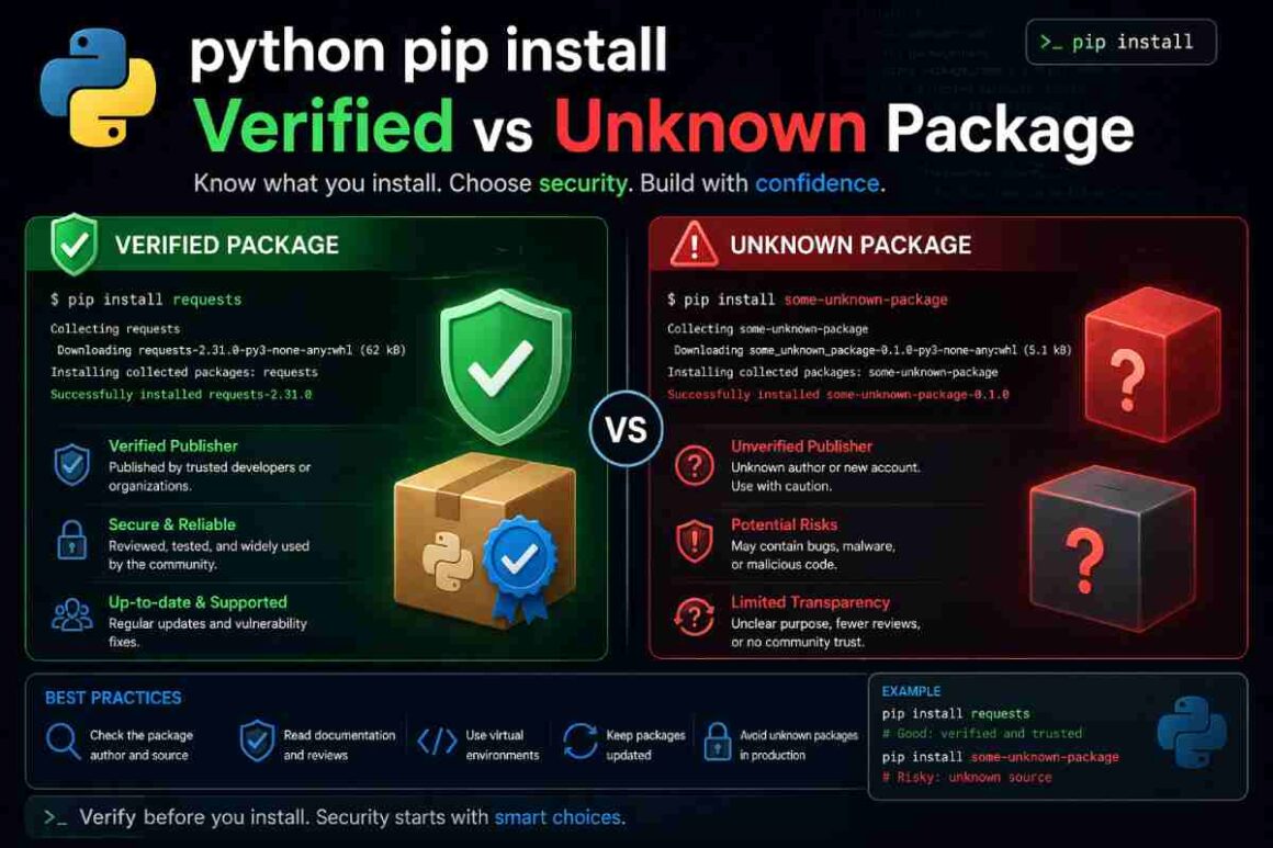 Terminal showing pip install output comparing a verified PyPI package versus an unknown package source