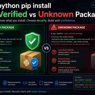 Terminal showing pip install output comparing a verified PyPI package versus an unknown package source
