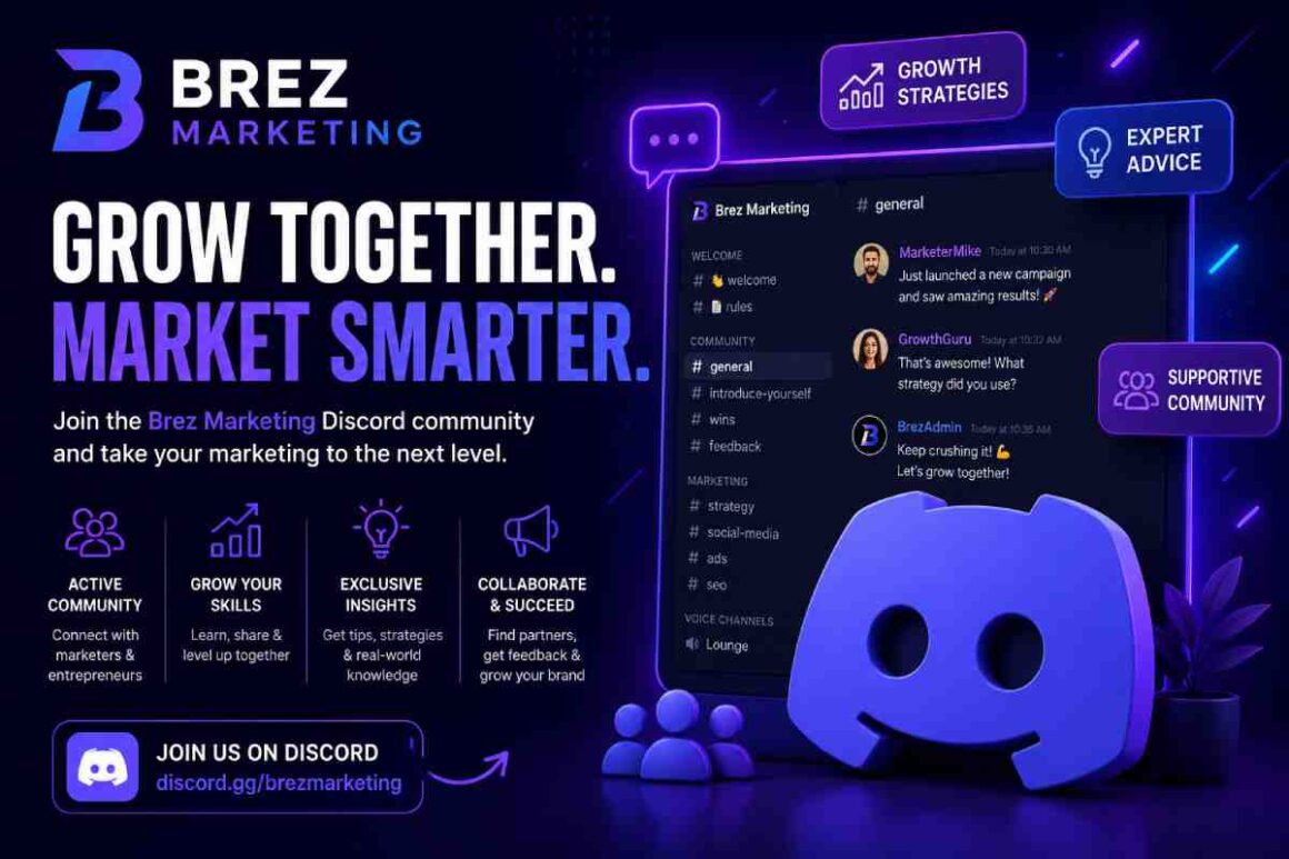 Discord server interface showing a marketing community sidebar with channels for ads strategy, brand scaling, client questions, and wins — representative of the Brez Marketing Discord structure