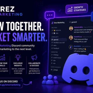 Discord server interface showing a marketing community sidebar with channels for ads strategy, brand scaling, client questions, and wins — representative of the Brez Marketing Discord structure