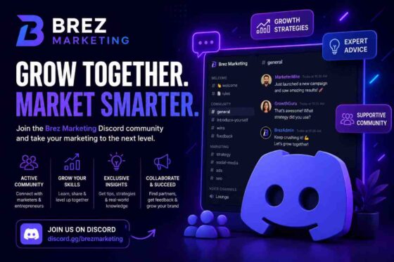 Discord server interface showing a marketing community sidebar with channels for ads strategy, brand scaling, client questions, and wins — representative of the Brez Marketing Discord structure