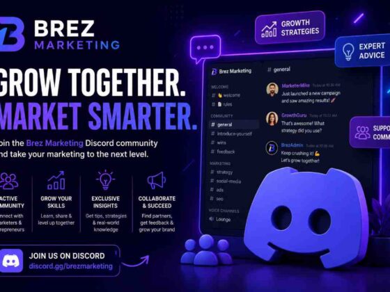 Discord server interface showing a marketing community sidebar with channels for ads strategy, brand scaling, client questions, and wins — representative of the Brez Marketing Discord structure