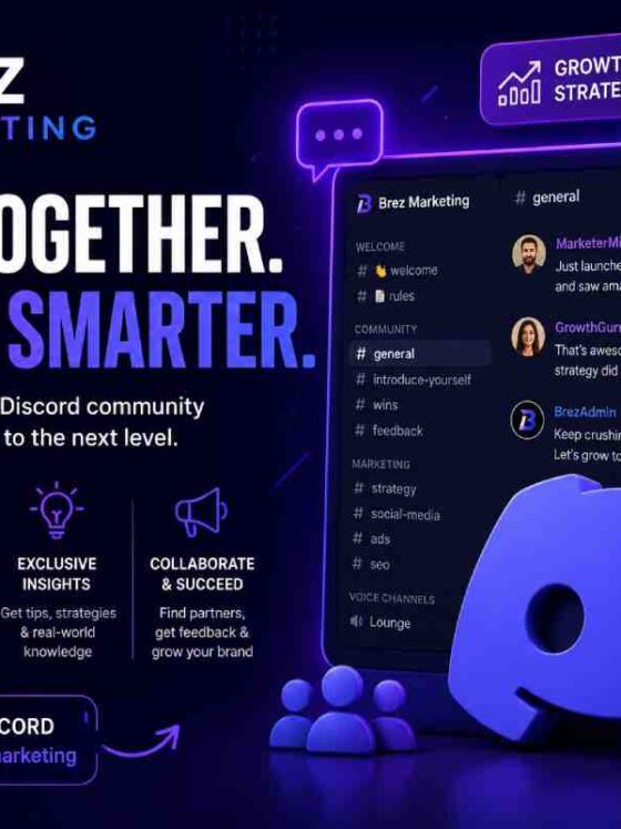 Discord server interface showing a marketing community sidebar with channels for ads strategy, brand scaling, client questions, and wins — representative of the Brez Marketing Discord structure