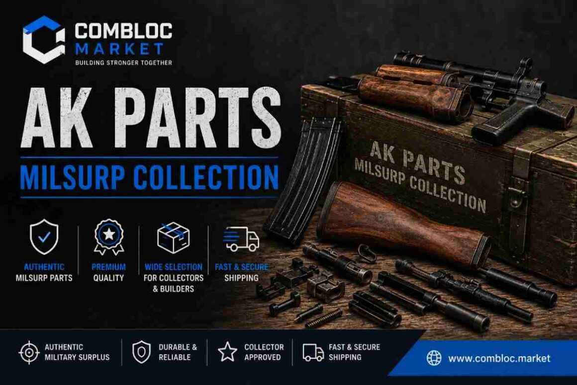 A workbench display of Soviet-bloc AK parts including Bakelite furniture, a bolt carrier, and Circle 10 magazine — items typically listed on Combloc Market