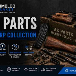 A workbench display of Soviet-bloc AK parts including Bakelite furniture, a bolt carrier, and Circle 10 magazine — items typically listed on Combloc Market