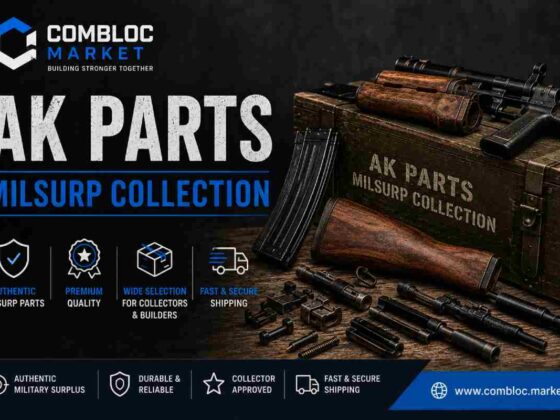 A workbench display of Soviet-bloc AK parts including Bakelite furniture, a bolt carrier, and Circle 10 magazine — items typically listed on Combloc Market