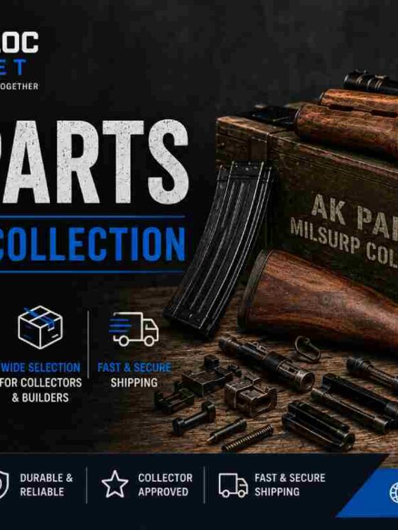 A workbench display of Soviet-bloc AK parts including Bakelite furniture, a bolt carrier, and Circle 10 magazine — items typically listed on Combloc Market
