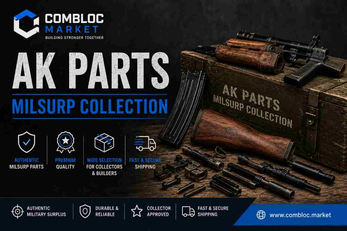 A workbench display of Soviet-bloc AK parts including Bakelite furniture, a bolt carrier, and Circle 10 magazine — items typically listed on Combloc Market