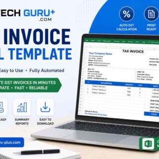 An Excel GST invoice template from tech guru plus com open on a laptop, showing Indian company and tax details in a clean spreadsheet format