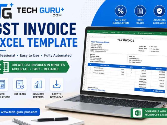 An Excel GST invoice template from tech guru plus com open on a laptop, showing Indian company and tax details in a clean spreadsheet format