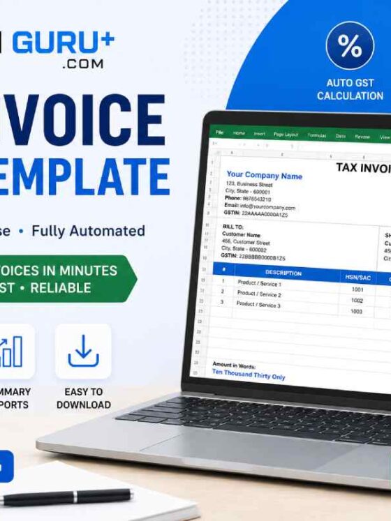 An Excel GST invoice template from tech guru plus com open on a laptop, showing Indian company and tax details in a clean spreadsheet format