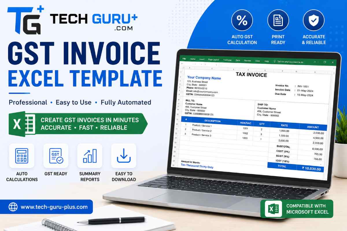 An Excel GST invoice template from tech guru plus com open on a laptop, showing Indian company and tax details in a clean spreadsheet format